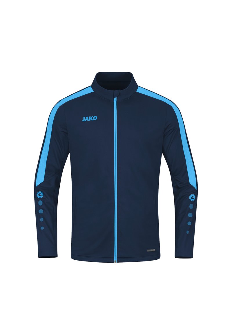 Giacca atletica della marina con maniche lunghe, accenti e righe azzurri, logo sul petto e dettagli a forma di bottone sulle maniche. Chiusura con zip.