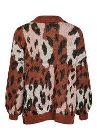 Knit cardigan with a leopard pattern in brown, white, and black. Pullover style, oversized sleeves, ribbed collar and cuffs. Soft texture.