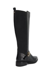 Black knee-high boot made of sleek leather and fabric, featuring a gold buckle accent and a low heel, with a smooth, polished finish.