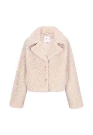 Izgriezta, bežīga mākslīgā kažokāda ar teksturētu virsmu, plata apkakle un divi zeltaini pogas priekšpusē. Mīksts, ērts materiāls.