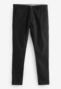 Schwarze Baumwollhosen mit schmaler Passform, flachem Bund, zwei Seitentaschen und Knopfverschluss. Glatte Textur und schlichtes Design ohne Muster.