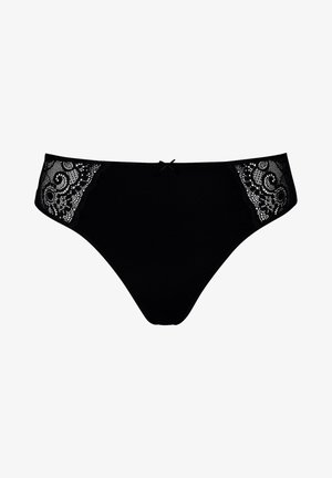 Zwarte stringondergoed met kanten zijkanten, een klein strikje aan de voorkant en een gladde, rekbare stof voor comfort.