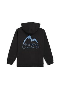 Sweat à capuche noir avec un graphique de montagne bleue et le logo "O'Neill" au dos. Fabriqué en tissu doux, il dispose d'une capuche à cordon de serrage et de manches côtelées.
