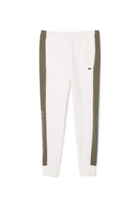 Bílé tepláky s olivově zelenými bočními pruhy a logem. Vyrobené z měkké tkaniny, mají elastický pas a žebrované manžety na kotnících.