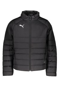 Giacca a vento nera con colletto alto, zipper frontale, cuciture orizzontali e logo bianco sul petto. Realizzata in materiale sintetico leggero.