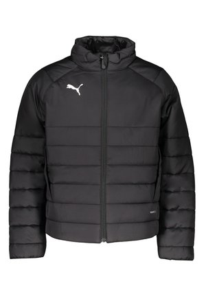 Doudoune noire avec un col montant, fermeture éclair à l'avant, coutures horizontales et logo blanc sur la poitrine. Fabriquée en matériau synthétique léger.