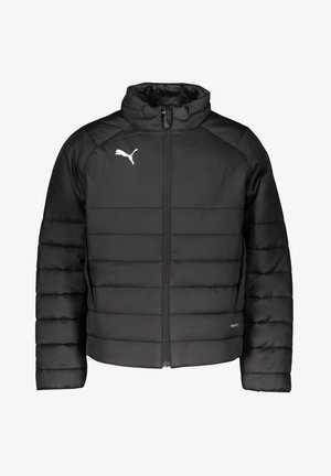 Giacca a vento nera con colletto alto, zipper frontale, cuciture orizzontali e logo bianco sul petto. Realizzata in materiale sintetico leggero.