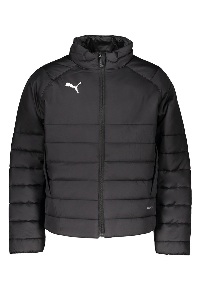 Giacca a vento nera con colletto alto, zipper frontale, cuciture orizzontali e logo bianco sul petto. Realizzata in materiale sintetico leggero.