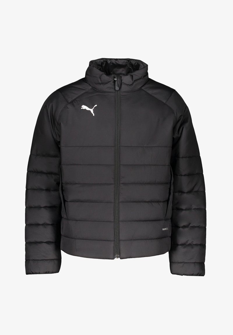 Giacca a vento nera con colletto alto, zipper frontale, cuciture orizzontali e logo bianco sul petto. Realizzata in materiale sintetico leggero.