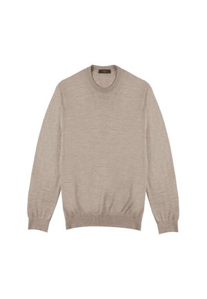 Beige knitted sweater with a round neckline, long sleeves, and ribbed cuffs and hem. Soft texture and lightweight design.