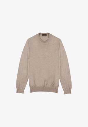 Pull en tricot beige avec un col rond, des manches longues et des poignets et ourlet côtelés. Texture douce et design léger.