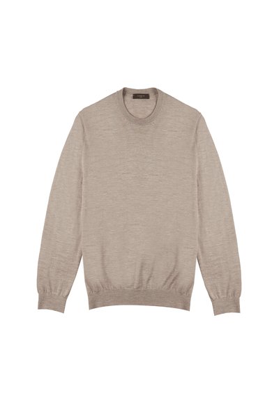 Suéter de punto beige con escote redondo, mangas largas y puños y dobladillo acanalados. Textura suave y diseño ligero.