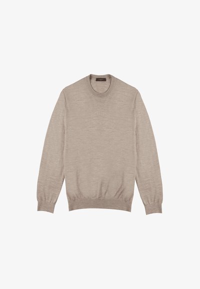 Beżowy sweter z dzianiny z okrągłym dekoltem, długimi rękawami oraz ściągaczami przy mankietach i dolnej krawędzi. Miękka tekstura i lekka konstrukcja.