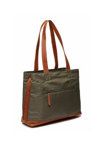 Borsa a tracolla verde oliva con dettagli e manici in pelle marrone. Presenta una tasca con zip sul lato e una forma rettangolare strutturata.