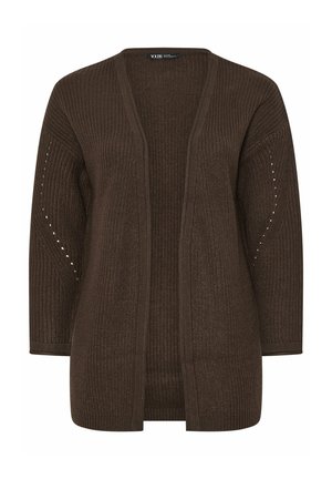 Długi, ciemnobrązowy sweter na zamek z przodu, z dzianiny o prążkowanej teksturze i subtelnymi ozdobnymi dziurkami wzdłuż rękawów.