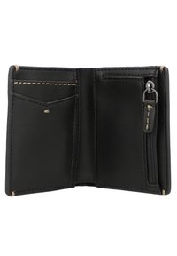 Black leather wallet with a smooth texture, featuring multiple card slots, a zippered compartment, and contrasting beige stitching.