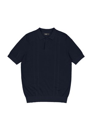 Marineblaues Poloshirt mit kurzen Ärmeln, strukturierten vertikalen Streifen, geripptem Kragen und elastischem Bund.