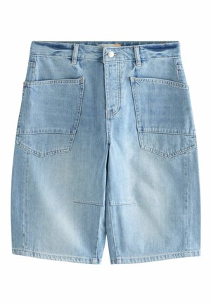 Light blue denim shorts with large front patch pockets, belt loops, and a button closure.
