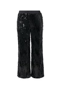 Zwarte wijduitlopende broek met pailletten en een elastische tailleband, voorzien van verticale strepen van pailletten en een gladde textuur.