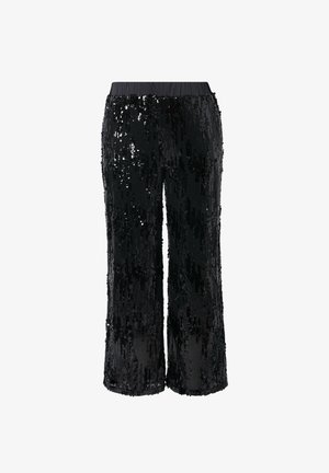 Černé široké kalhoty s flitry a elastickým pasem, s vertikálními pruhy z flitrů a hladkým povrchem.