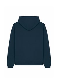 Sweatshirt à capuche bleu marine avec manches longues, bords côtelés aux poignets et à l'ourlet. Le dos présente une texture lisse sans logos ni détails visibles.