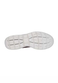 Suela de zapato con un diseño de goma blanca texturizada y un patrón de rejilla, que incluye huellas cuadradas y rectangulares para tracción.