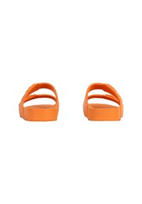 Orange plastic slides with two upper straps, flat sole, and smooth texture. Simple design with no additional patterns or accents.