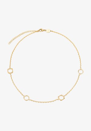 Zlatý náhrdelník s články, obsahující kulaté a čtvercové tvary. Nastavitelný řetízek s klipem a štítkem s logem. Hladký povrch, minimalistický design.
