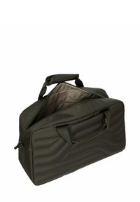 Borsa duffel verde oliva con un design testurizzato, due manici robusti e una chiusura con zip. Interno foderato con un tessuto a motivi.