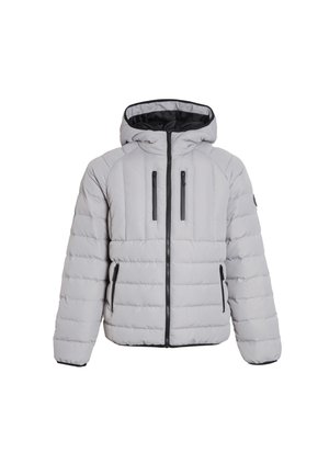 Light gray insulated puffer jacket with a hood, featuring a front zipper, two side pockets, and zippered chest pockets. Black accents and stitching.