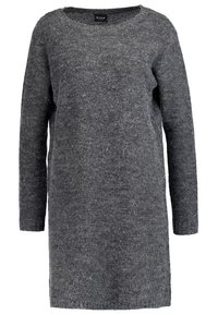 Robe-pull à manches longues gris foncé, confectionnée en maille douce et texturée. Dotée d'un col rond et d'une coupe décontractée, avec des poignets et un ourlet côtelés.