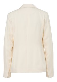 Beige taillierter Blazer mit Reverskragen, langen Ärmeln und strukturiertem Rückendesign. Besitzt einen strukturierten Stoff und saubere Nahtdetails.