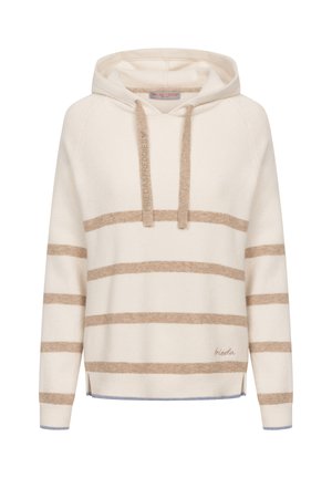 Jasnokremowy hoodie z beżowymi paskami, wykonany z miękkiej tkaniny. Posiada sznurki, logo na dole oraz lekko rozcięcie z boku.