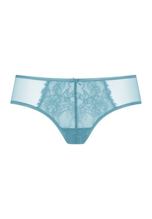 Türkisfarbener Netz-Slip mit floraler Spitzenverzierung, glatten Kanten und einer kleinen Schleife in der Mitte am Rücken.