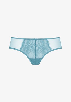 Turquoise gaas slipje met bloemrijke kanten details, gladde randen en een kleine strikaccent aan de achterkant midden.