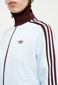 Άτομο που φοράει ένα ανοιχτό γαλάζιο αθλητικό μπουφάν Adidas με μπορντό ρίγες στα μανίκια, ζιπ-απ γιακά και το λογότυπο Adidas στο στήθος.