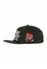 Căciulă snapback neagră cu text alb brodat "Your" și un personaj de inimă roșie desenat, ținând un telefon pe lateral.