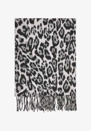 Sciarpa leopardata nera e grigia con dettagli frangiati, realizzata in tessuto morbido, caratterizzata da un motivo animale astratto su uno sfondo chiaro.