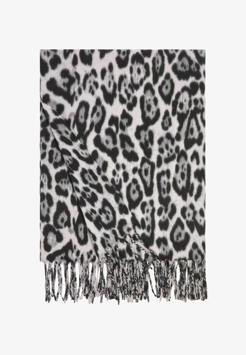 Sciarpa leopardata nera e grigia con dettagli frangiati, realizzata in tessuto morbido, caratterizzata da un motivo animale astratto su uno sfondo chiaro.