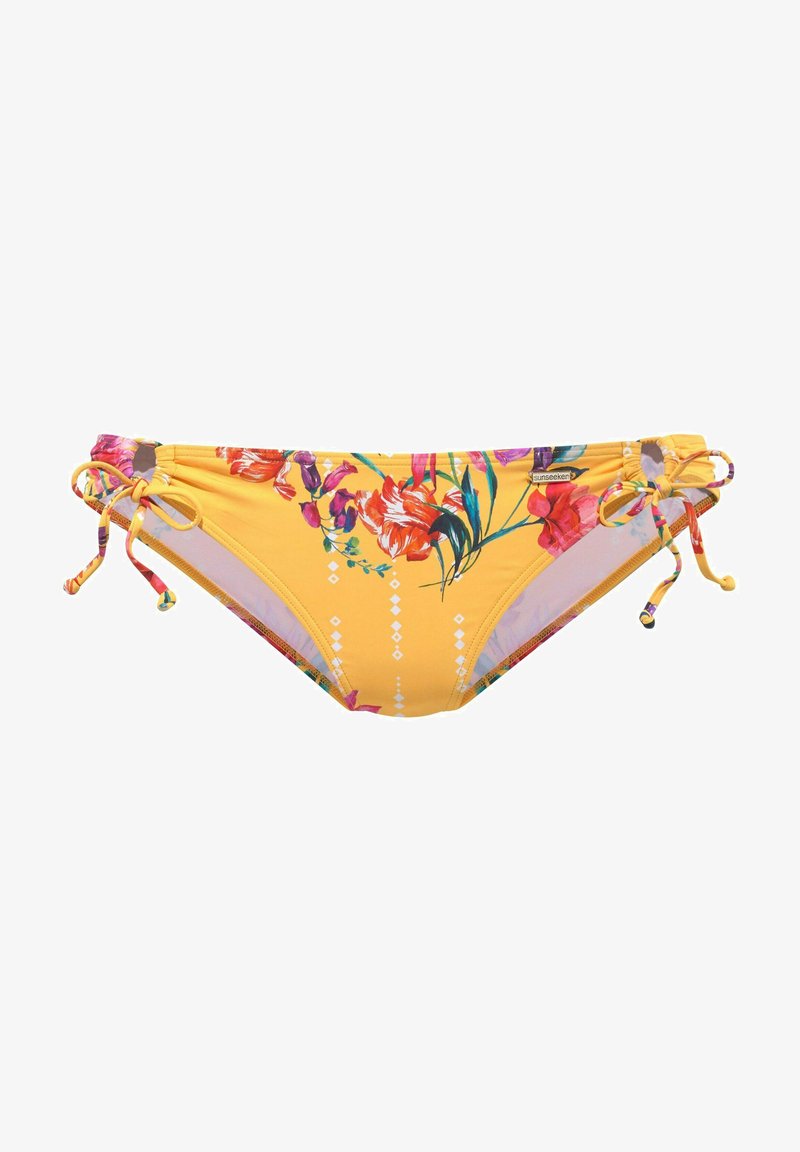Gelber Bikiniunterteil mit floralem Muster in Pink und Grün. Verfügt über verstellbare Seitenschnüre und ein Rautenmuster an der Vorderseite.