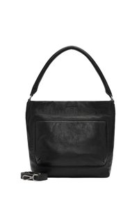 Czarna skórzana torebka z szerokim paskiem, gładką faktur�ą, przednią kieszenią na zamek oraz odpinanym paskiem. Prosty, prostokątny kształt o eleganckim designie.