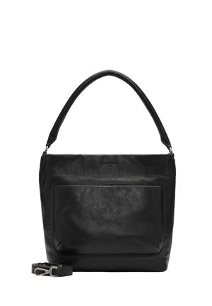 Schwarze Lederhandtasche mit breitem Riemen, glatter Oberfläche, vorderer Reißverschlusstasche und abnehmbarem Riemen. Schlichte rechteckige Form mit elegantem Design.