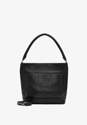 Czarna skórzana torebka z szerokim paskiem, gładką fakturą, przednią kieszenią na zamek oraz odpinanym paskiem. Prosty, prostokątny kształt o eleganckim designie.