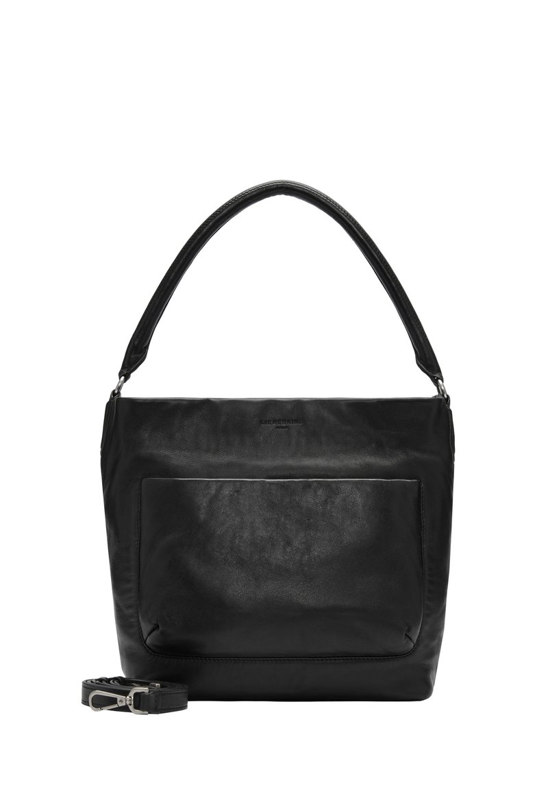 Czarna skórzana torebka z szerokim paskiem, gładką fakturą, przednią kieszenią na zamek oraz odpinanym paskiem. Prosty, prostokątny kształt o eleganckim designie.