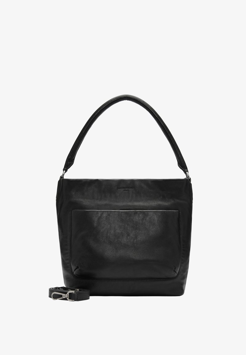 Schwarze Lederhandtasche mit breitem Riemen, glatter Oberfläche, vorderer Reißverschlusstasche und abnehmbarem Riemen. Schlichte rechteckige Form mit elegantem Design.