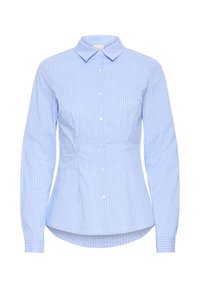 Kék-fehér csíkos, gombos ing, hosszú ujjakkal, klasszikus gallérral, testhezálló szabással, íves szegéllyel, könnyű pamut anyagból készült.