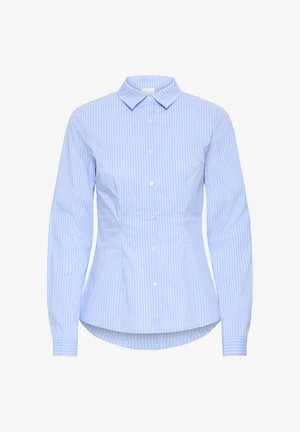 Kék-fehér csíkos, gombos ing, hosszú ujjakkal, klasszikus gallérral, testhezálló szabással, íves szegéllyel, könnyű pamut anyagból készült.