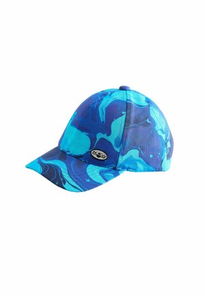 Blue and turquoise cap with a marbled pattern, solid brim, and a logo emblem on the front. Made from fabric with a smooth texture.