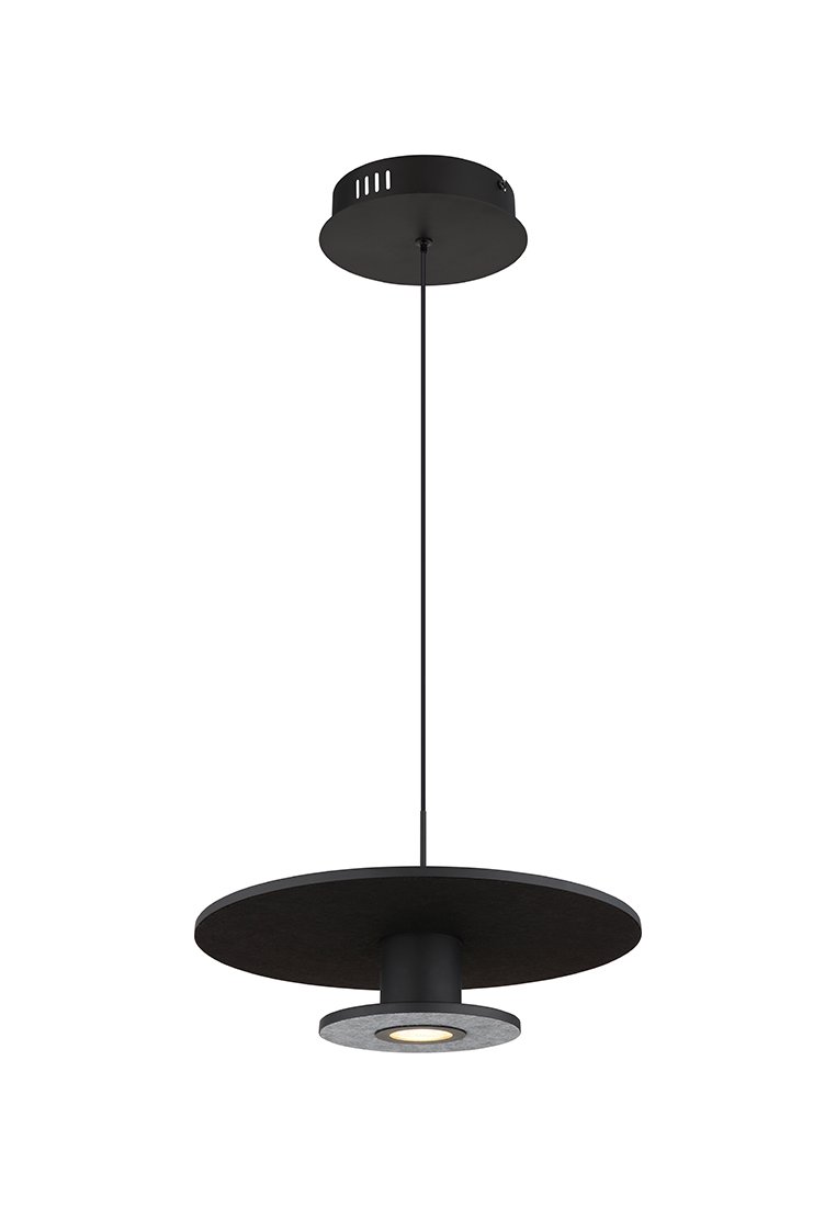 Schwarze Pendelleuchte mit kreisförmigem Design, einem strukturierten schwarzen Schirm und einem kontrastierenden grauen Innenring, der an einem dünnen schwarzen Kabel hängt.