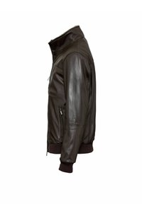 Bruine leren jas met een hoge kraag, zijzakken, geribbelde manchetten en een gladde textuur. Getailleerde pasvorm met een eenvoudig ontwerp.